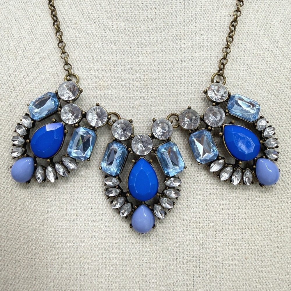 J. Crew Bib Necklace Blue Mixed Stone Cluster Statement Sparkle Rhinestone